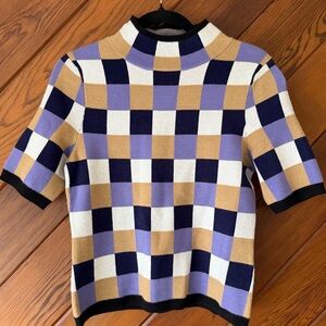 Maeve Anthropologie Women's Medium Mock Neck Sweater Top Checker Short Sleeve